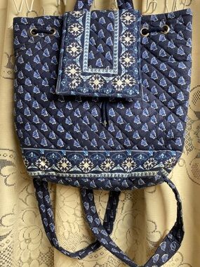 Navy Quilted Floral Print Backpack Tote Bag